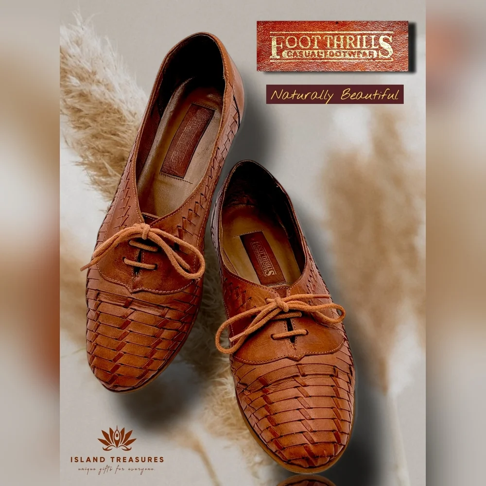 Foot Thrills Women's Size US 9 | EU 40 Tan Woven Genuine Leather  Lace-Up Shoe
